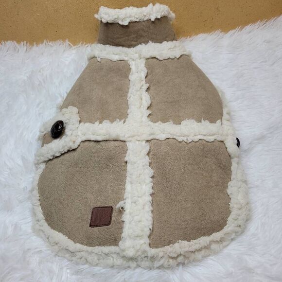 Friends Forever Faux Tan Suede & Cream Sheerling Dog Jacket- Size M - Picture 1 of 8